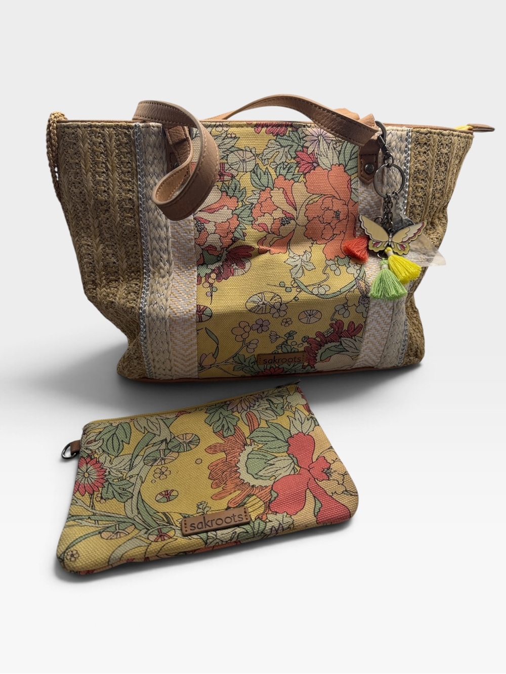 Sakroots Yellow Floral Print Medium Straw Shoulder Bag with Matching Pouch JUTE
